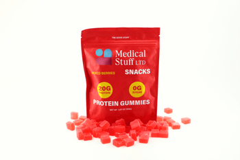 Mixed berries protein gummies with 20g protein by Medical Stuff Ltd. Premium vegan gummies UK for healthy snacks.