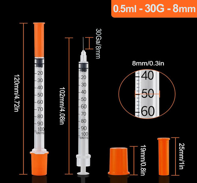0.5ml 30G x 8mm insulin syringe pack of 100