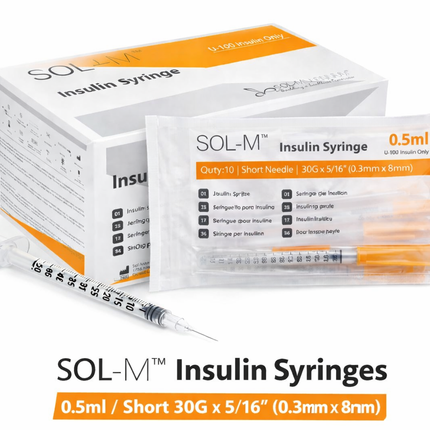 Sol-M Insulin Syringe 0.5ml 30G 8mm - Fixed Needle - U-100 - Box of 100