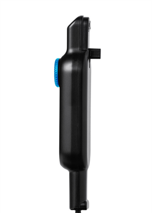 A close-up side profile of a black handheld electronic device with a textured blue button, shown against a solid white background.