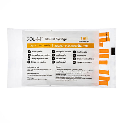 Insulin syringe 1ml 30G 8mm Sol-M Fixed Needle for accurate insulin delivery
