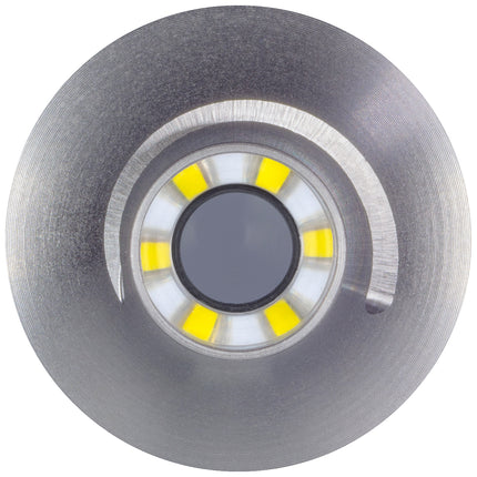 A circular LED light fixture with a brushed silver metal outer ring, a central dark gray lens, and six small yellow LED chips arranged in a ring on a white background.