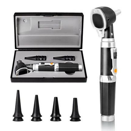 Black and silver otoscope with attachments on a white background