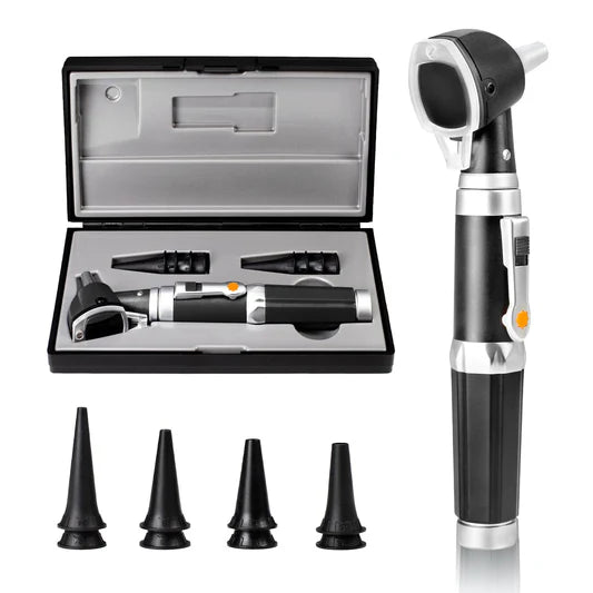 Black and silver otoscope with attachments on a white background