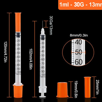 30G 1ml CE-marked sterile syringes UK.”

“Box of 100 disposable 30G syringes with 6mm, 8mm, 13mm needles.”