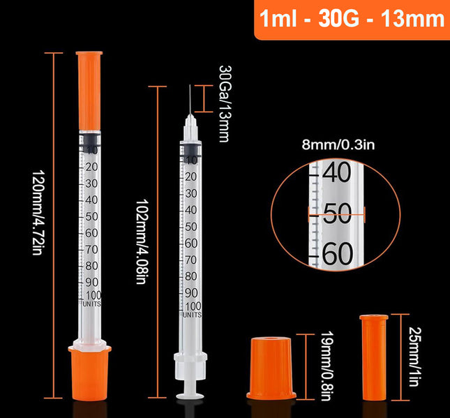 CE-Marked syringes 30G 6mm 8mm 13mm for precise delivery, featuring clear graduations and secure hub, available in box of 100.
