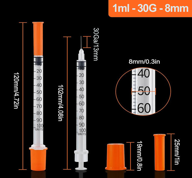 Image of CE-Marked syringes 30G 6mm 8mm 13mm with clear graduations and orange cap, ideal for precise medication delivery.