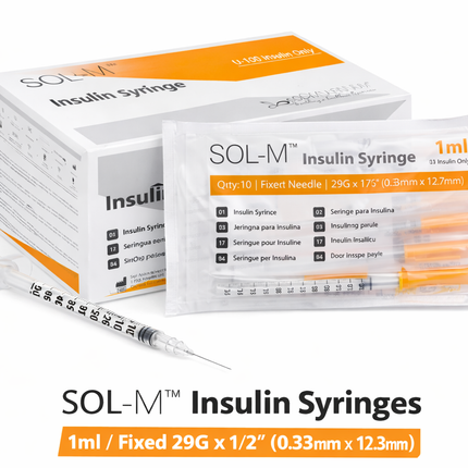SOL-M Insulin 1ml  Syringes packaging on a white background 29g 12.7mm