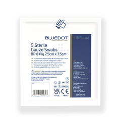 Pack of sterile gauze swabs with Bluedot branding on a white background