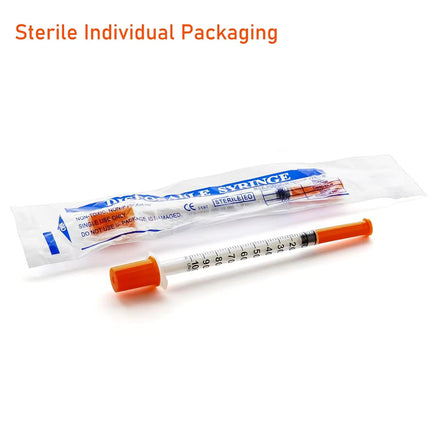 individually wrapped 1ml syringe with ultra-fine 31G needle, medical-grade packaging, 1ml syringe with 31G 8mm needle on white background, CE marked