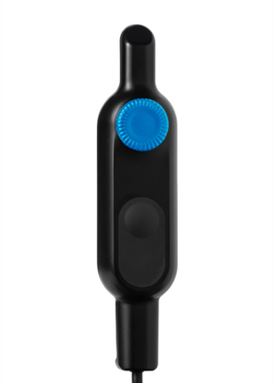 A black handheld electronic device with a blue textured circular button, shown vertically against a plain white background.
