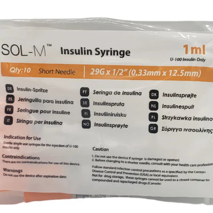 Packaged insulin syringe with visible branding and specifications. 29G 13mm 1ml