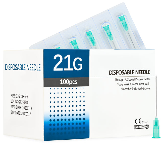 21G x 38mm sterile CE-marked hypodermic needles, box of 100.

CE-certified 21G x 38mm injection needles – medical single-use supply