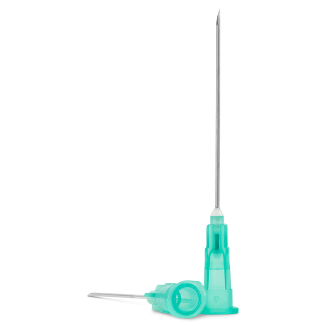 CE-marked 21G hypodermic needles box of 100 for medical use, 38mm length, sharp lancet point, silicone-coated cannula, stainless steel