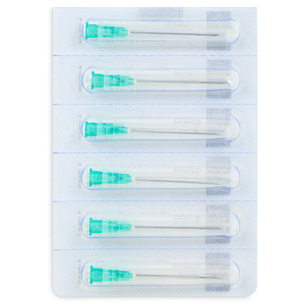 CE-marked 21G hypodermic needles box of 100 in sterile packaging, showing six needles per pack, ideal for medical and aesthetic use.