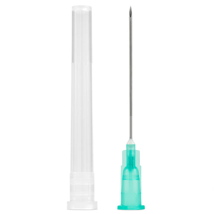 CE-marked 21G hypodermic needles box of 100, showing a needle with protective cap, ideal for medical and aesthetic applications.