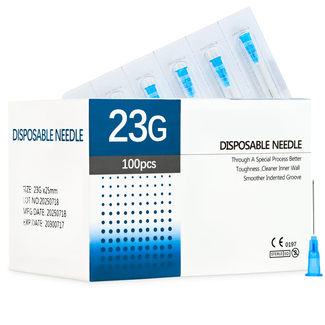 Box of 100 sterile 23G x 25mm hypodermic needles – CE-marked, medical-grade, single-use