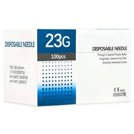Box of 23G x 25mm hypodermic needles, 100 pieces, for precise subcutaneous delivery, sterile and single-use.