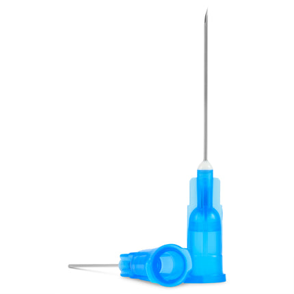 23G x 25mm hypodermic needles, box of 100, sterile, single-use, blue hub, for accurate subcutaneous delivery, individually blister packed.