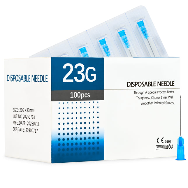 Box of 100 sterile 23G x 30mm hypodermic needles – CE-marked, medical-grade, single-use.