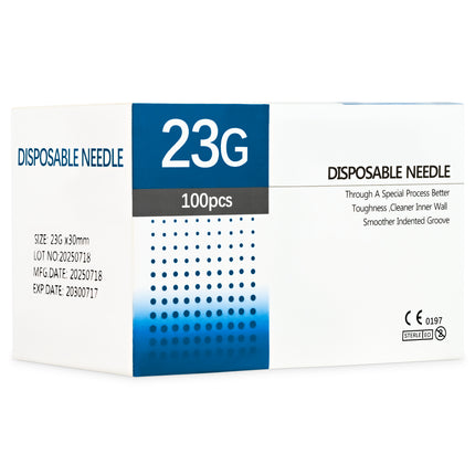 23G x 30mm sterile CE-marked hypodermic needles, box of 100.

CE-certified 23G x 30mm injection needles – safe single-use medical supply