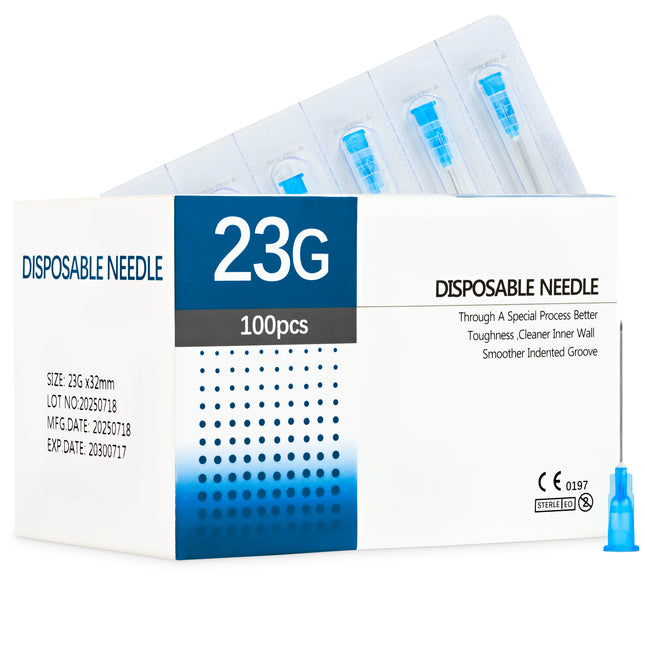 Box of 100 sterile 23G x 32mm hypodermic needles – CE-marked, medical-grade, single-use.