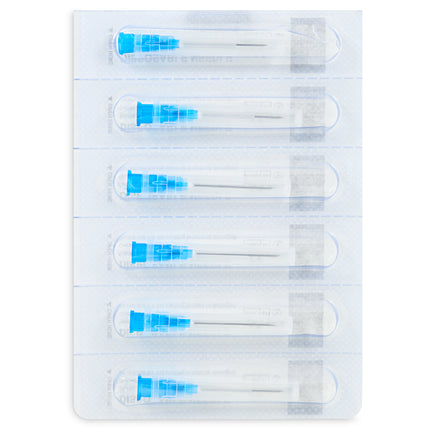 23G x 25mm hypodermic needles in blister pack for single use and subcutaneous delivery, box of 100, sterile and professional grade.