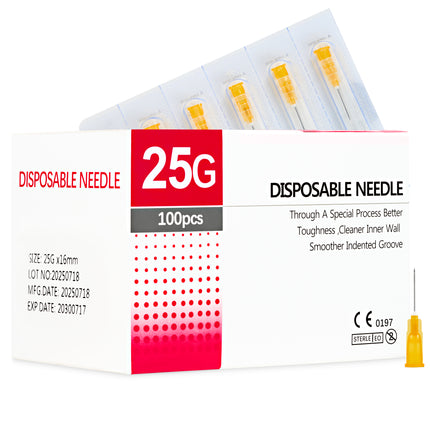 Box of 100 25G x 16mm hypodermic needles with protective cap, suitable for subcutaneous delivery, featuring sterile packaging.