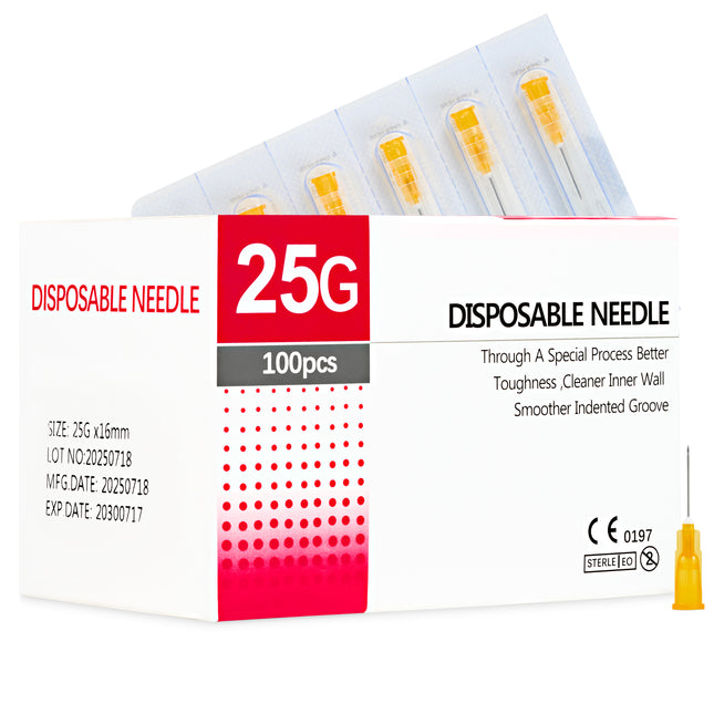 Box of 100 sterile 25G x 16mm hypodermic needles – CE-marked, medical-grade, single-use.”