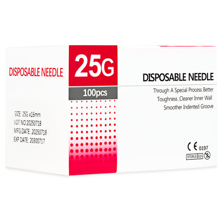 Box of 100 disposable 25G x 16mm hypodermic needles for medical use