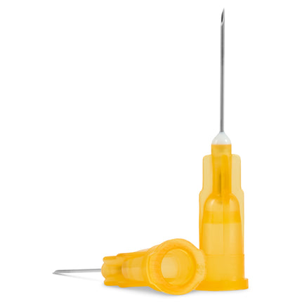 25G x 16mm hypodermic needles in yellow protective caps, designed for subcutaneous delivery, shown on a white background.