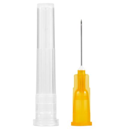 25G x 16mm hypodermic needles with protective cap for precise subcutaneous delivery, shown in sterile packaging.