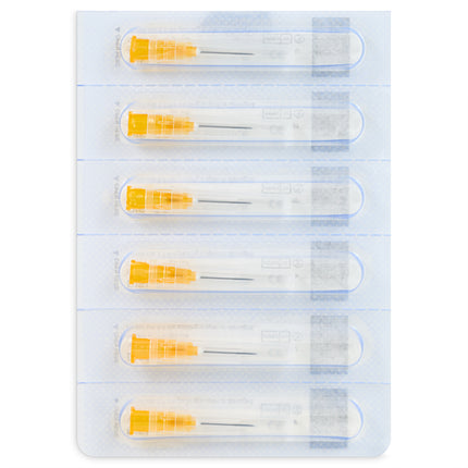 Box of 100 sterile 25G x 16mm hypodermic needles with secure luer hub and protective cap for precise subcutaneous delivery