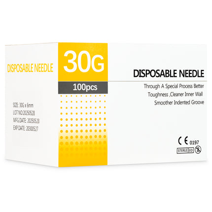 Box of 100 30G x 6mm CE-marked disposable needles, EO sterilised for professional use.