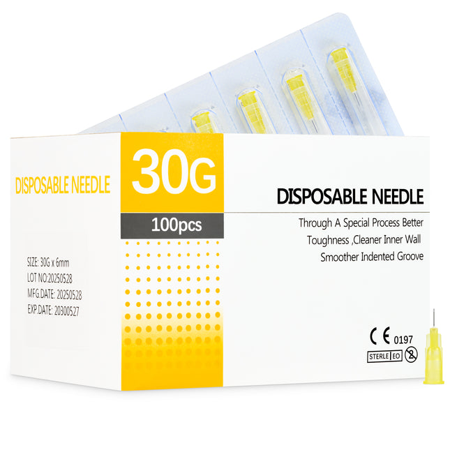 Box of 100 sterile 30G x 6mm hypodermic needles – CE-marked, medical-grade, single-use