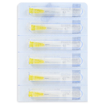Box of 30G x 6mm CE-marked disposable needles, EO sterilised, for professional cosmetic and medical applications.