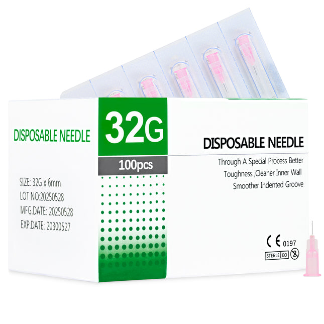 Box of 100 sterile 32G x 6mm hypodermic needles – CE-marked, ultra-fine, medical-grade, single-use