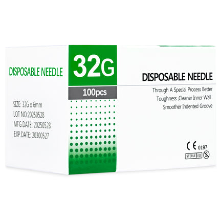 32G x 6mm sterile CE-marked hypodermic needles, box of 100.

CE-certified 32G x 6mm fine injection needles – safe single-use medical supply