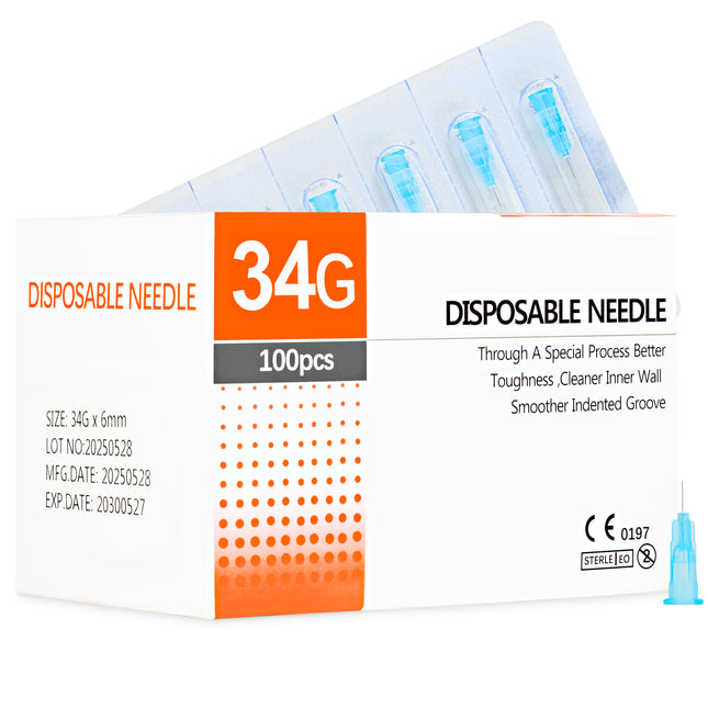 Box of 100 sterile 34G x 6mm hypodermic needles – CE-marked, ultra-fine, medical-grade, single-use.