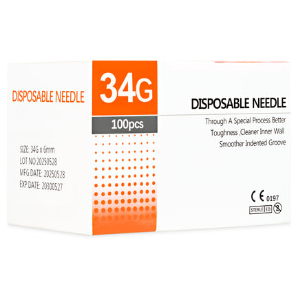 34G x 6mm ultra-fine sterile CE-marked hypodermic needles, box of 100.

CE-certified 34G x 6mm fine injection needles – safe single-use medical supply.