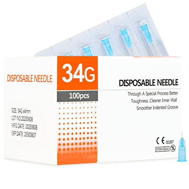 Box of 100 sterile 34G × 4 mm mesotherapy needles – CE-marked, single-use ultra-fine injection needles UK.