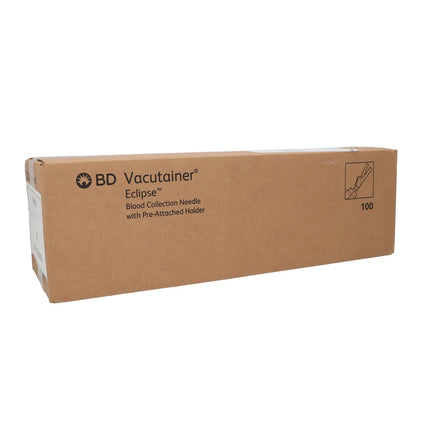 A brown cardboard box of BD Vacutainer Eclipse Blood Collection Needle with Pre-Attached Holder, containing 100 needles, shown on a plain white background.