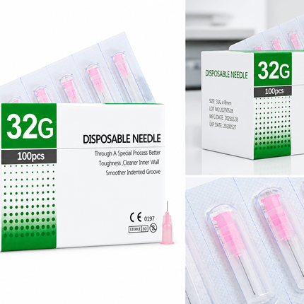 Packaging of disposable needles with visible branding and product details.