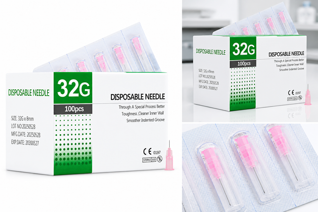 Packaging of disposable needles with visible branding and product details.