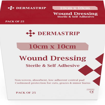 A box of DERMASTRIP 10cm x 10cm Wound Dressing, sterile and self-adhesive, shown as a pack of 25.