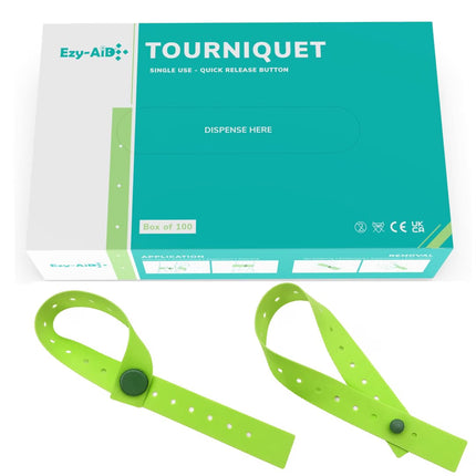 Green Ezy-Aid tourniquet with packaging on a white background
