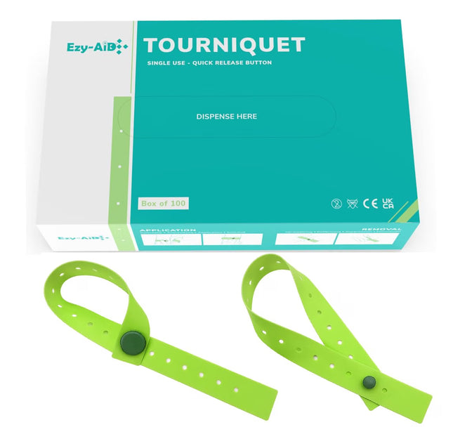 Green Ezy-Aid tourniquet with packaging on a white background
