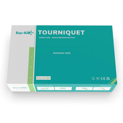 A box of Ezy-AiBi Tourniquet single-use quick release buttons, shown at a three-quarter angle on a white background.