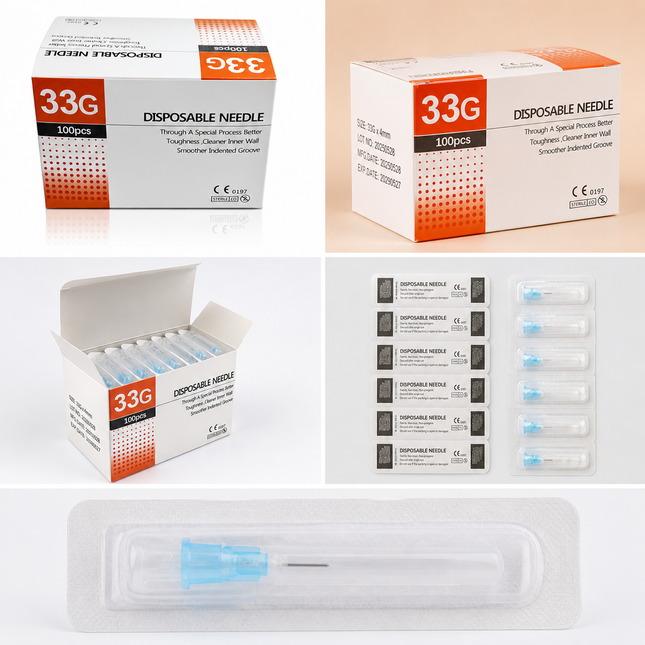 Disposable needle packaging with boxes and needles displayed on a white background