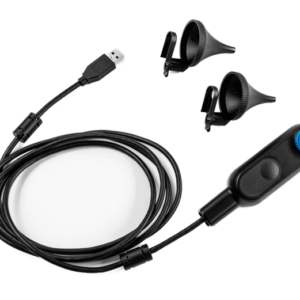 A black USB inspection camera with a coiled cable, a remote control with a blue button, and two interchangeable camera lenses, shown on a white background.